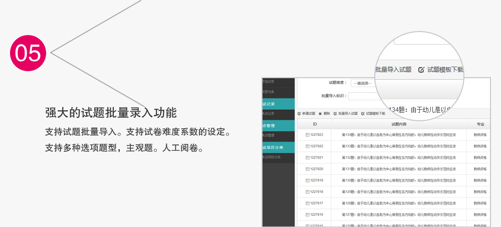 强大的试题批量录入功能，支持试题批量导入。支持试卷难度系数的设定。支持多种选项题型，主观题。人工阅卷。